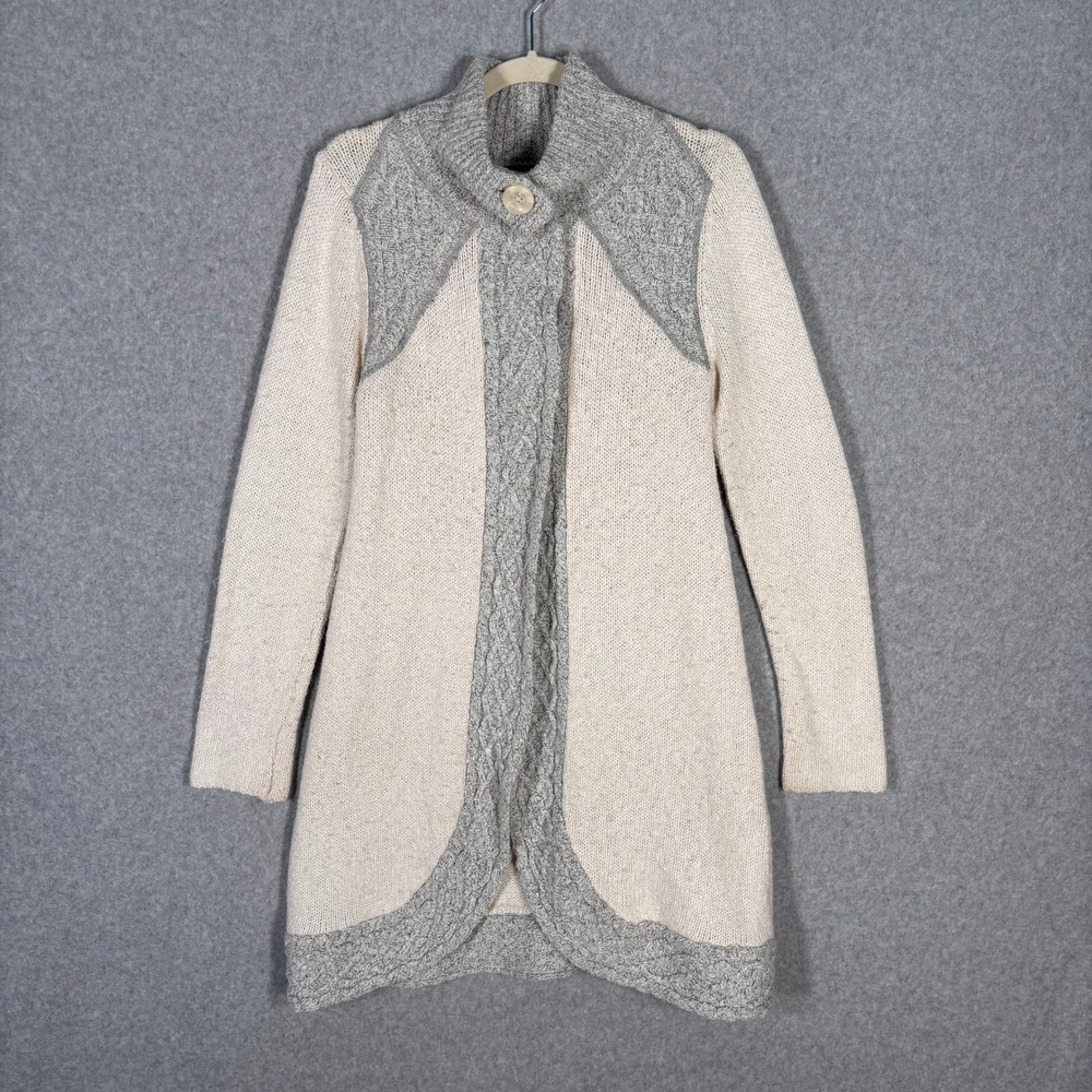 prAna Cardigan Duster Small Cream Gray Angelica Cable Chunky Crochet Long Snap**